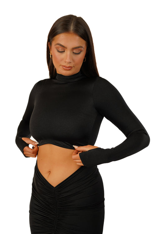Double Layered Supportive High Neck Long Sleeve Top with Thumb Hole (Kalamata Black)