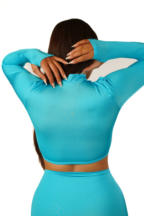 Double Layered Supportive High Neck Long Sleeve Top with Thumb Hole (Mediterranean Blue)