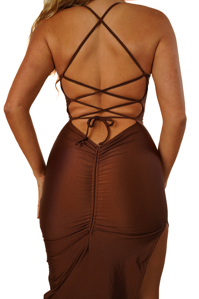Adjustable Double Layered Halter Neck Dress With Ruched Detail (Cypriot Coffee)