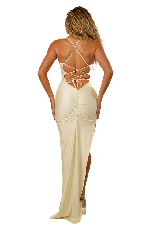 Adjustable Double Layered Halter Neck Dress With Ruched Detail (Halloumi)