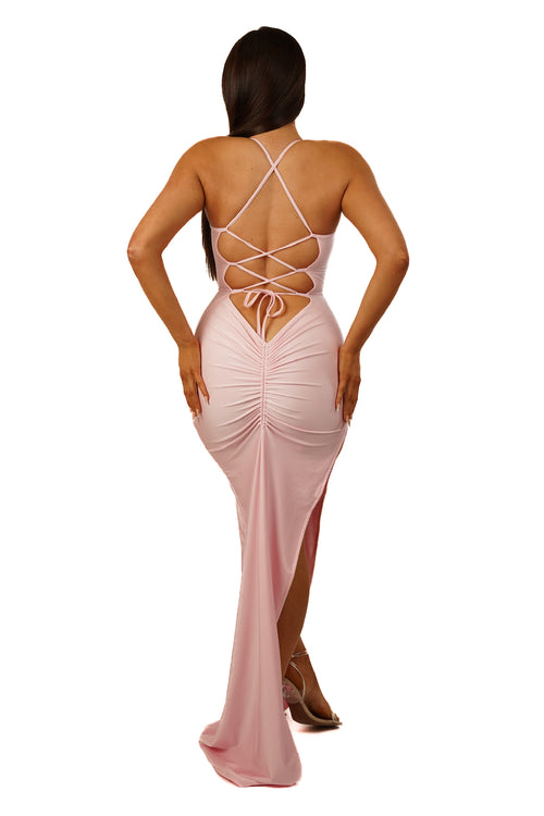 Adjustable Double Layered Halter Neck Dress With Ruched Detail (Rose Pink)