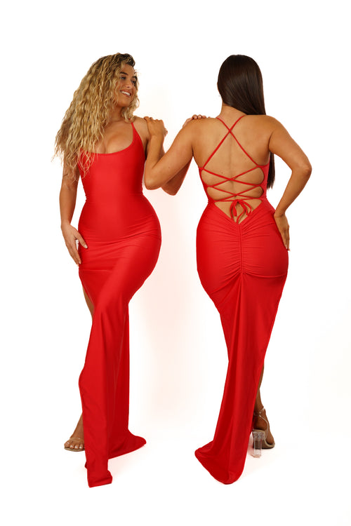 Adjustable Double Layered Halter Neck Dress With Ruched Detail (Spartan Red)