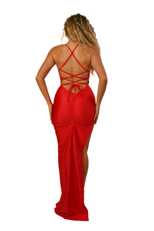 Adjustable Double Layered Halter Neck Dress With Ruched Detail (Spartan Red)