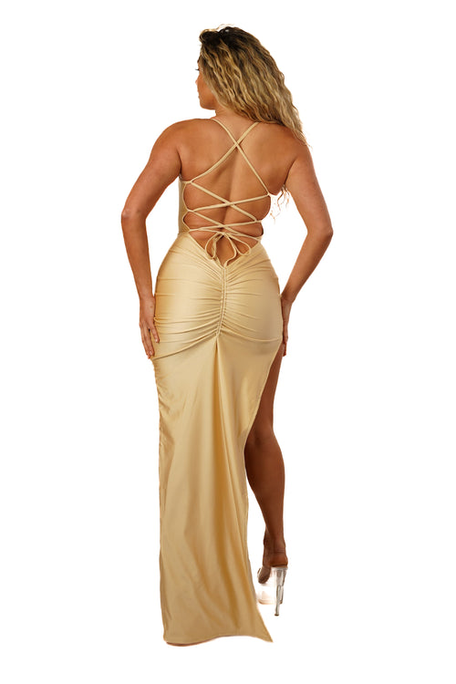 Adjustable Double Layered Halter Neck Dress With Ruched Detail (Frappé Nude)