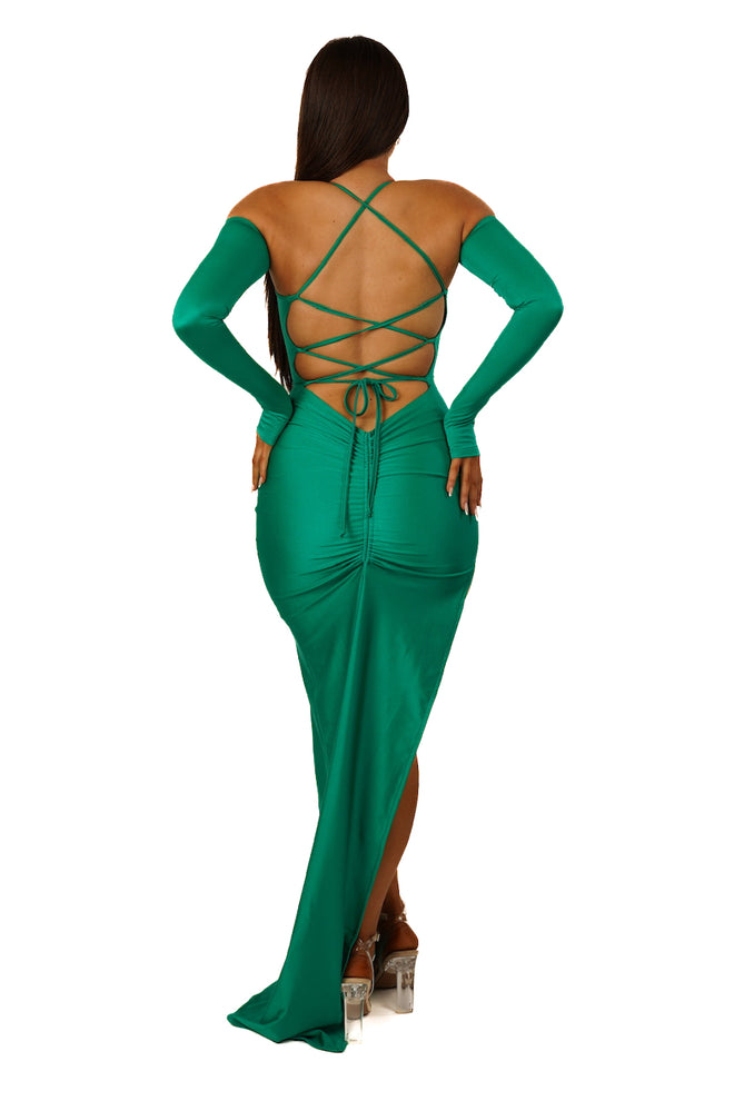 Adjustable Double Layered Halter Neck Dress With Ruched Detail (Medusa Green)