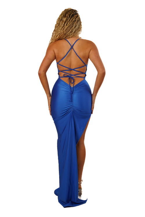 Adjustable Double Layered Halter Neck Dress With Ruched Detail (Mykonos Blue)