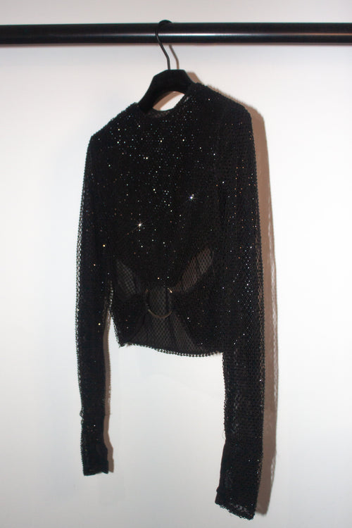 Crystal Mesh Long Sleeve Top with Ring Detail in Black