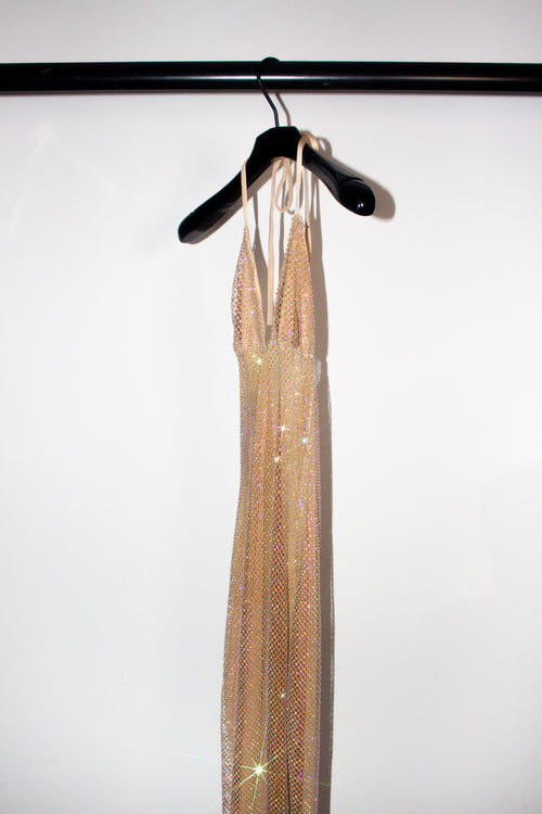 Crystal Mesh Halter Neck Maxi Dress in Champagne