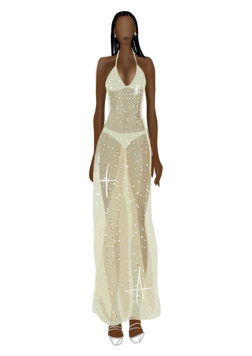 Crystal Mesh Halter Neck Maxi Dress in Champagne